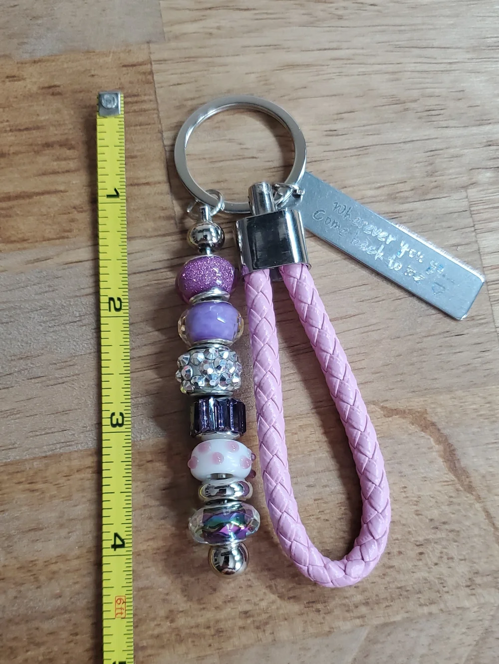 Pink Braided Leather Keyring with Purple Bead Charms